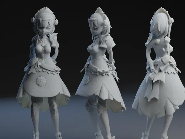Trzy figurki fantasy wydrukowane 3D z PLA — pełna sylwetka, szare tło