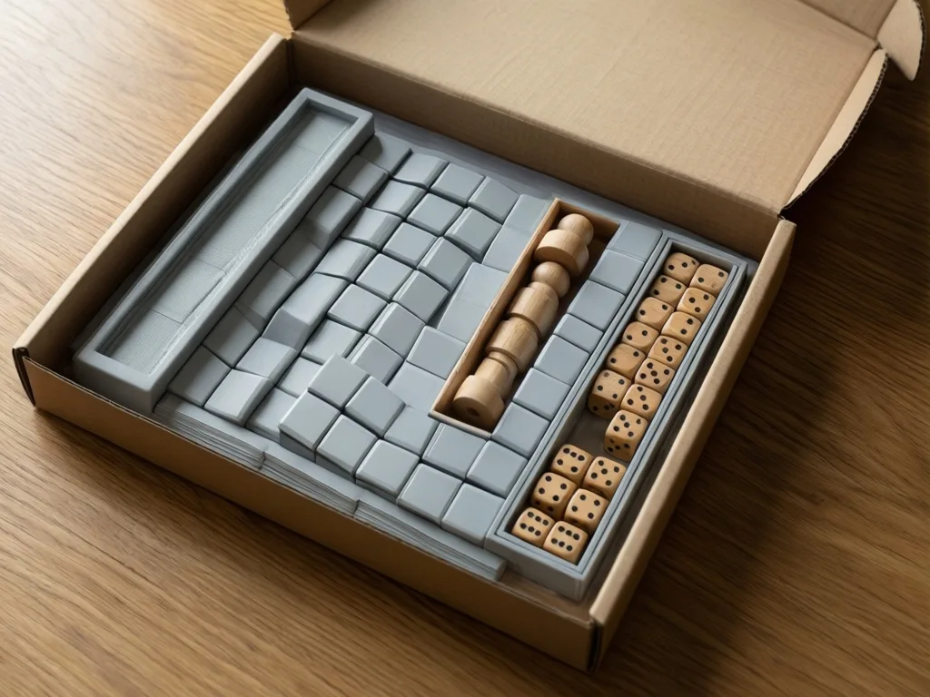 Wydrukowany w 3D insert w pudełku gry planszowej — osobne przegrody na karty, meeple i kostki
