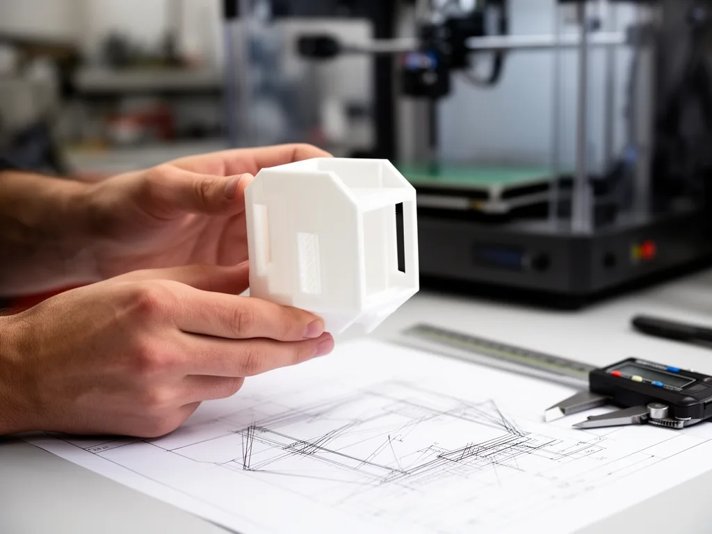 Wydrukowany w 3D prototyp obudowy urządzenia nad rysunkiem technicznym — iteracja przed produkcją seryjną