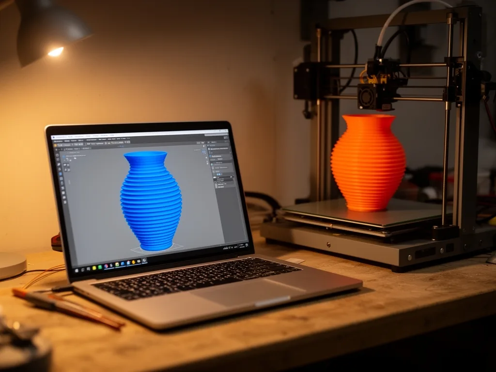 Model pocięty na warstwy w slicerze na ekranie laptopa i ten sam wydruk na stole drukarki 3D FDM